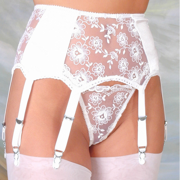 Embroidered white deep suspender belt